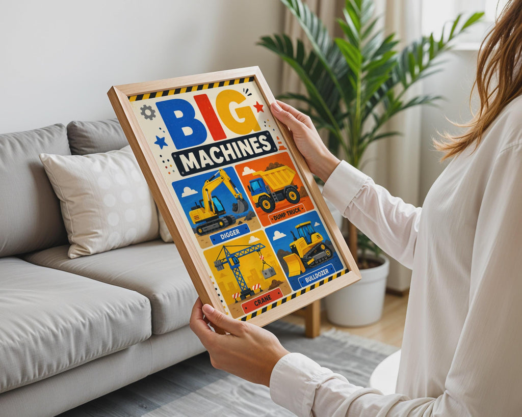 Big Machines Construction Poster, Digger, Crane, Bulldozer, Dump Truck (Print)