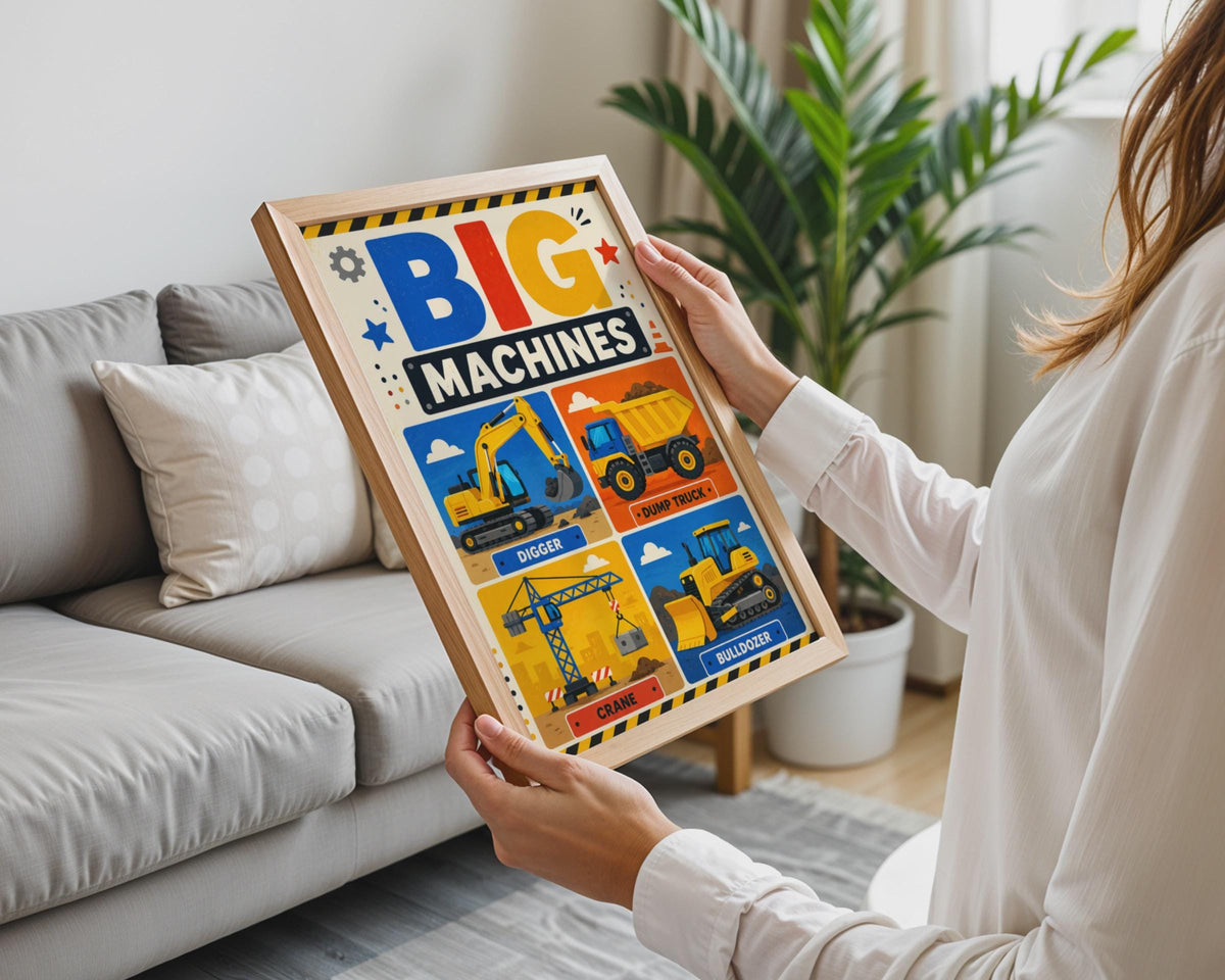 Big Machines Construction Poster, Digger, Crane, Bulldozer, Dump Truck (Print)
