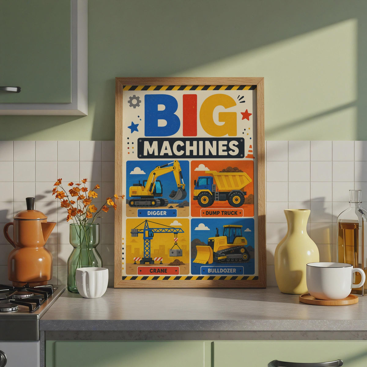 Big Machines Construction Poster, Digger, Crane, Bulldozer, Dump Truck (Print)