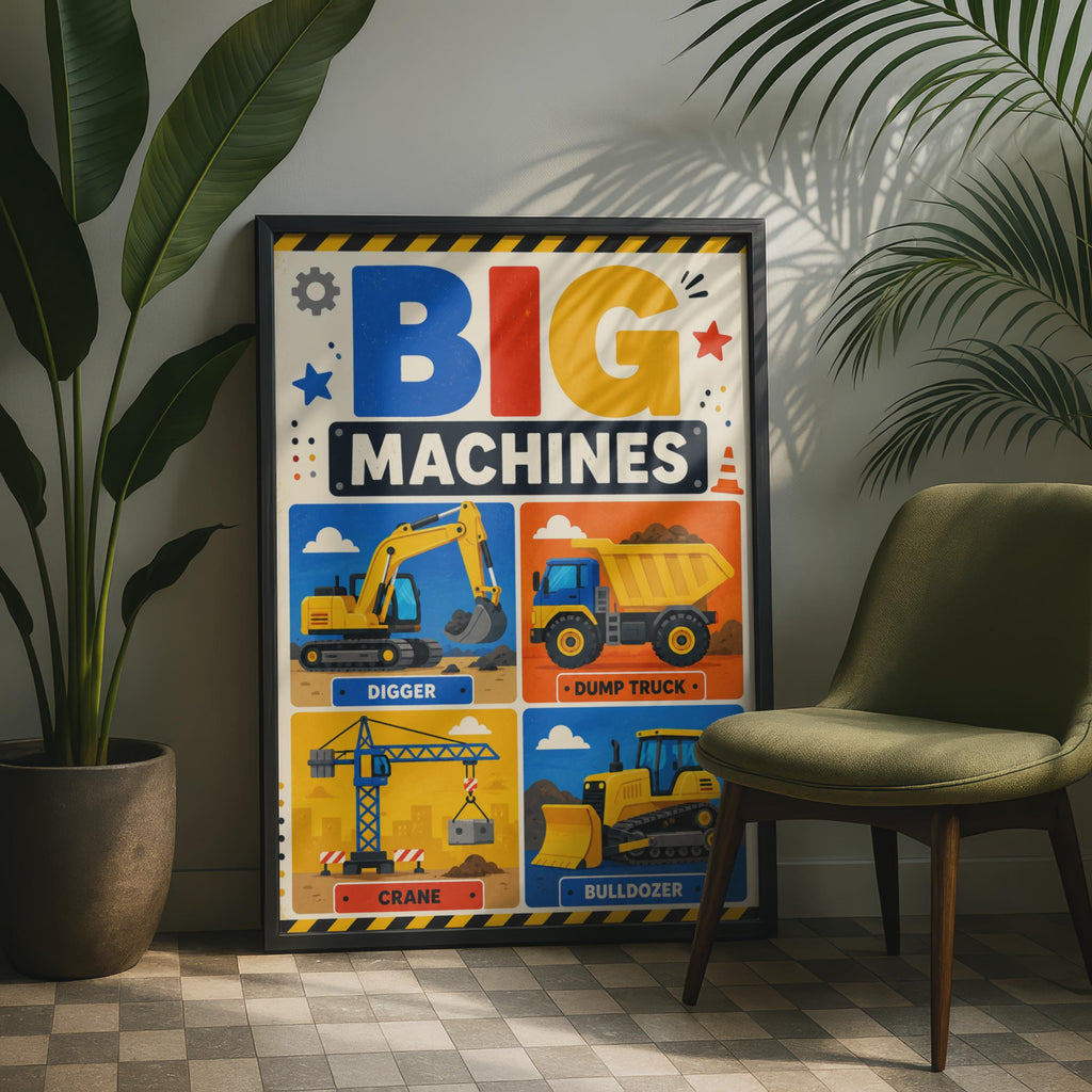 Big Machines Construction Poster, Digger, Crane, Bulldozer, Dump Truck (Print)