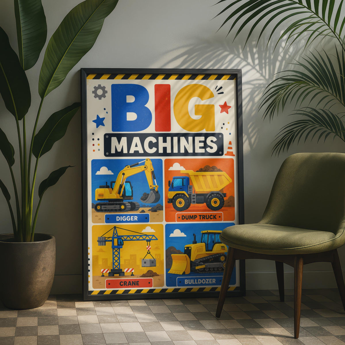 Big Machines Construction Poster, Digger, Crane, Bulldozer, Dump Truck (Print)