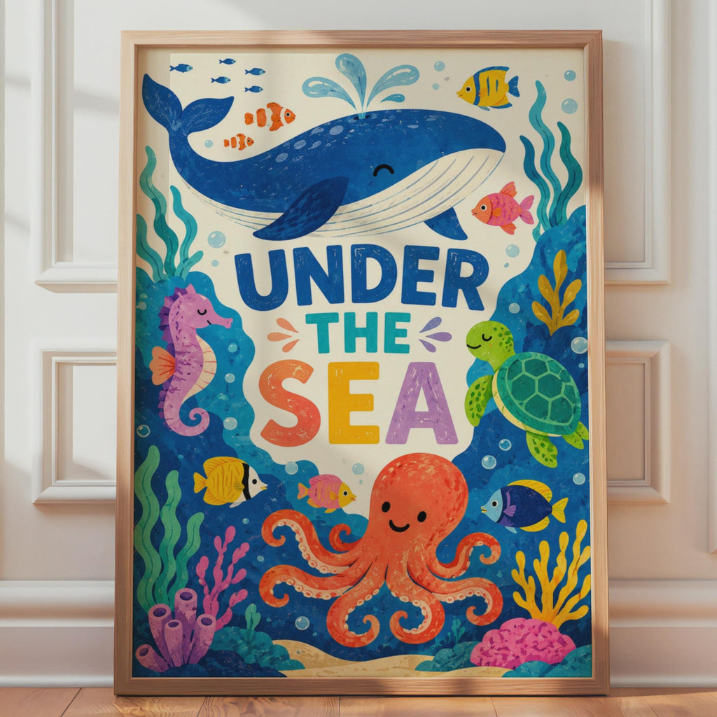 Under The Sea Kids Wall Art, Colorful Ocean Poster, Whale Octopus Print