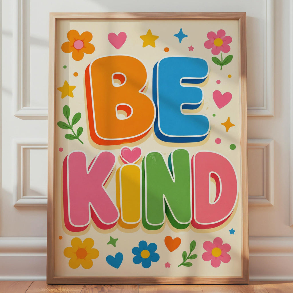 Be Kind Poster, Retro Floral Typography, Kids Bedroom Wall Art (Printed to Order)