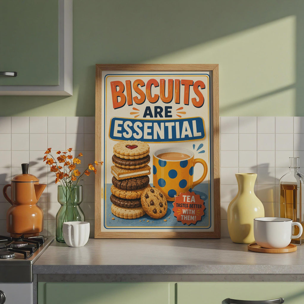 Biscuits Are Essential Tea Poster, Retro British Kitchen Wall Art (Print)