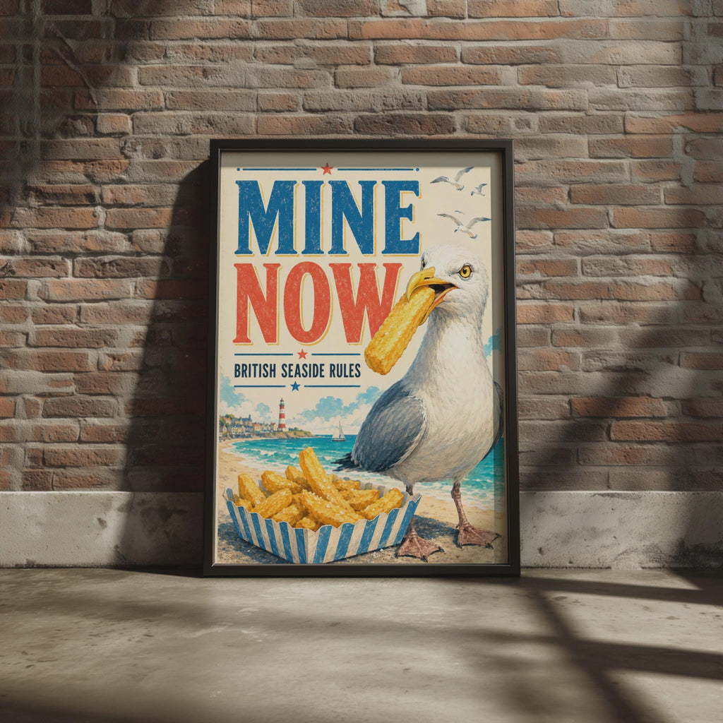 British Seaside Rules Poster, Seagull Chips, Retro Coastal Wall Art (Print)