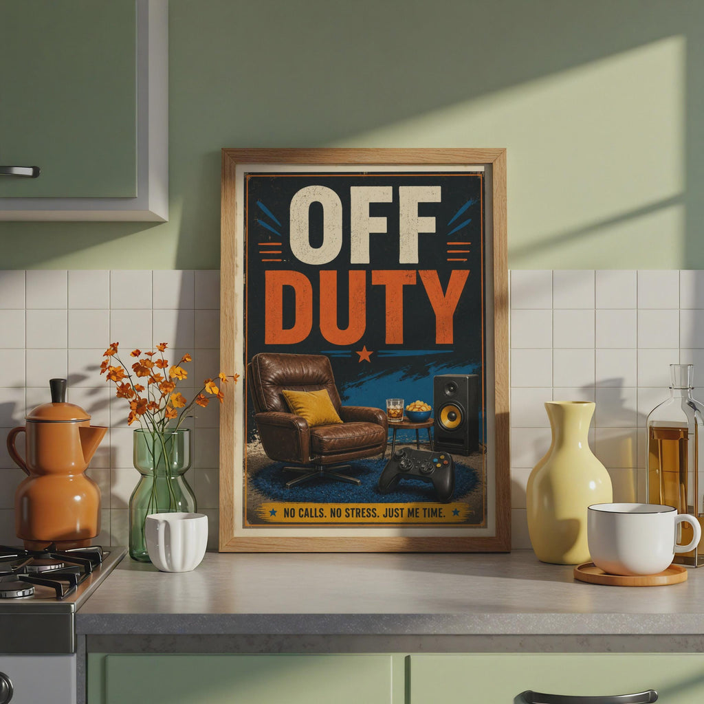 Off Duty Gamer Poster, Retro Man Cave Wall Art, No Stress Gaming Room Print