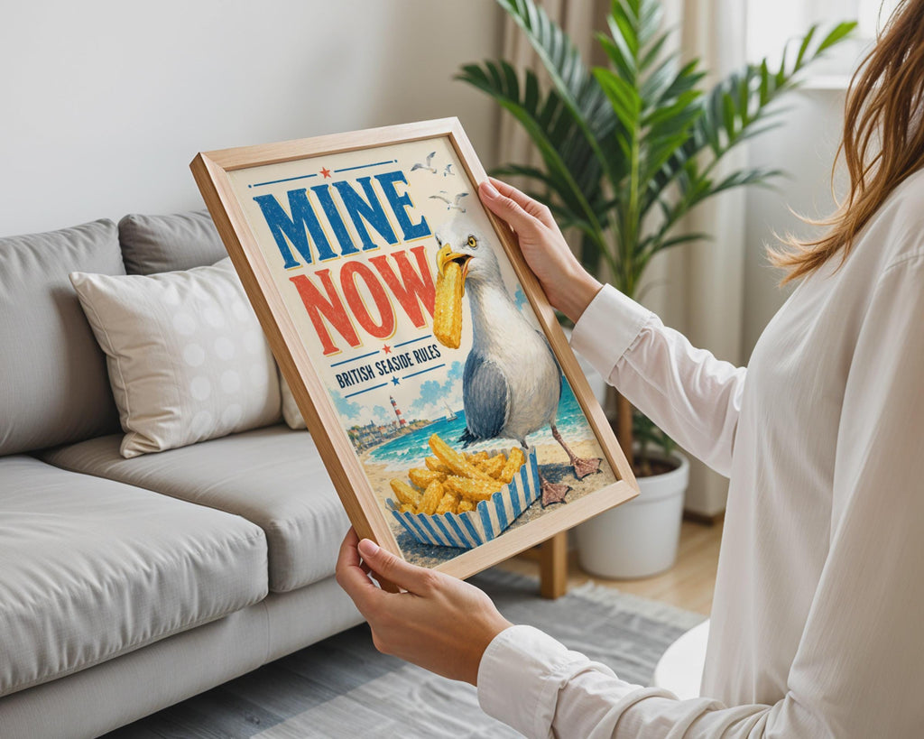 British Seaside Rules Poster, Seagull Chips, Retro Coastal Wall Art (Print)