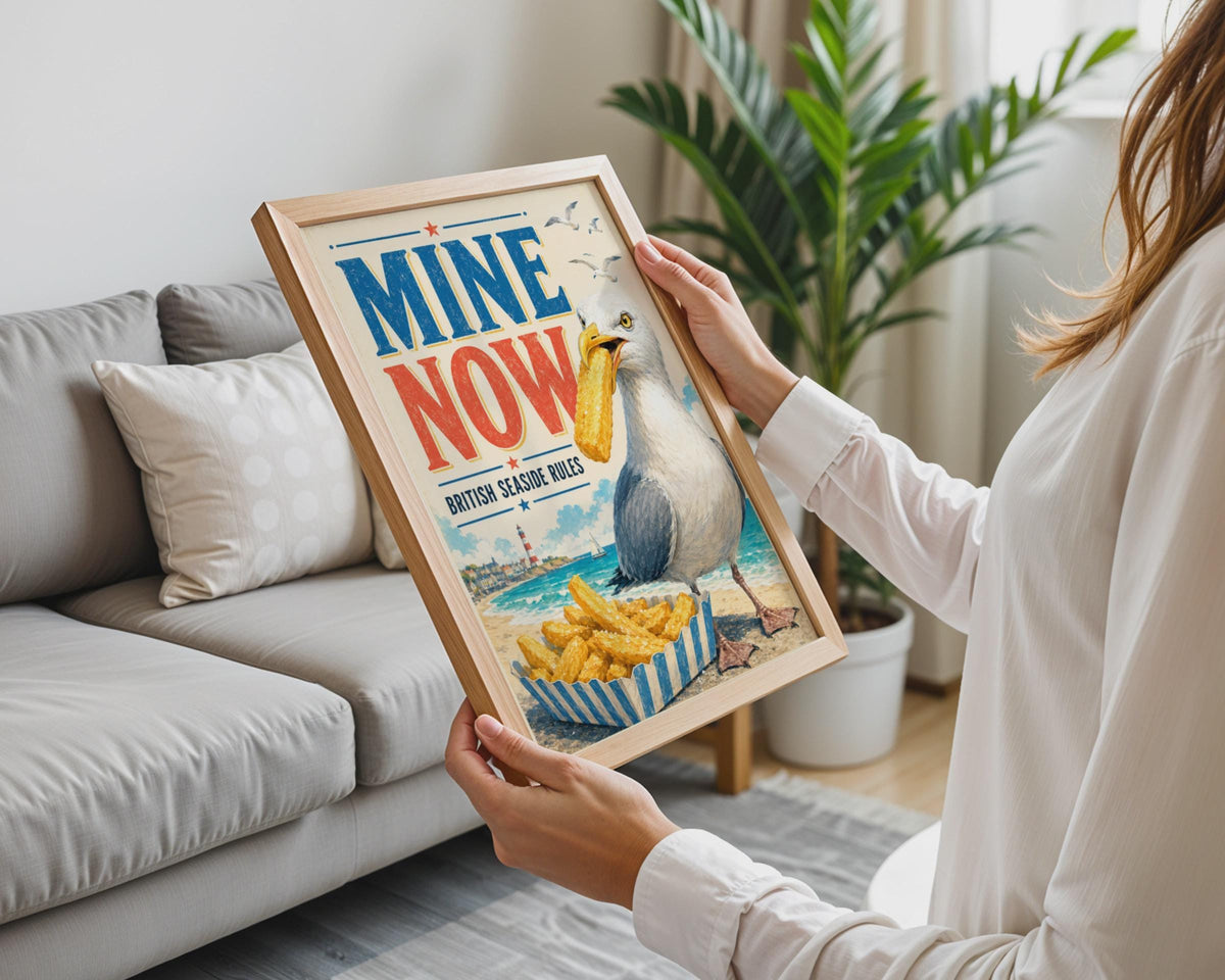 British Seaside Rules Poster, Seagull Chips, Retro Coastal Wall Art (Print)