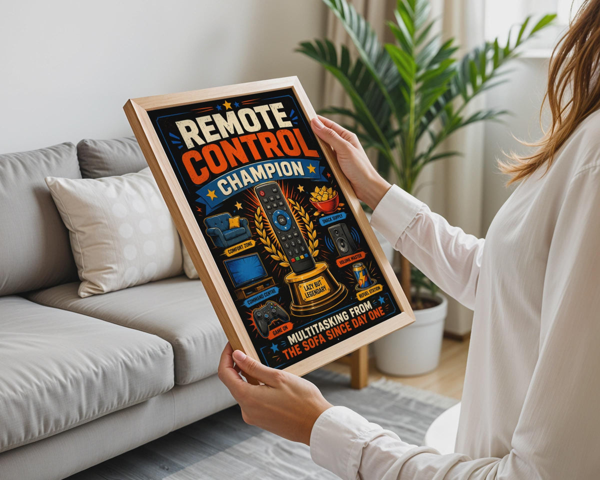 Remote Control Champion Poster, Lazy Sofa King Gift, Man Cave Decor (Print)