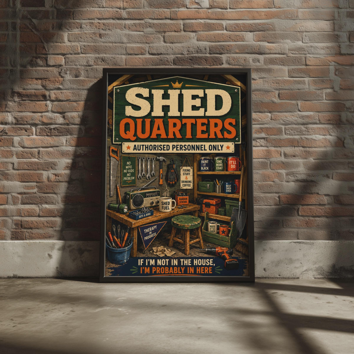 Shed Quarters Retro Poster, Man Cave Wall Art, DIY Gift for Dad