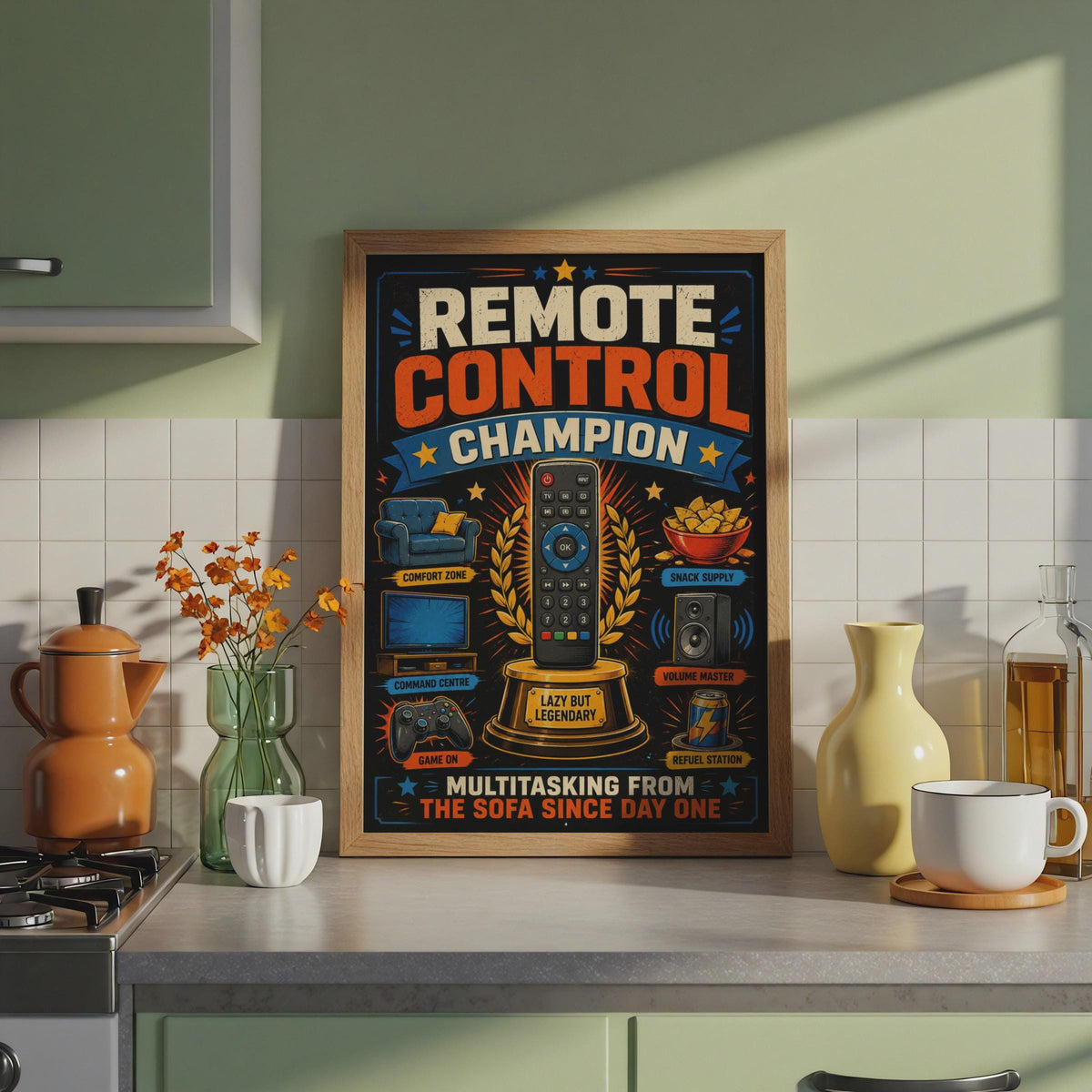 Remote Control Champion Poster, Lazy Sofa King Gift, Man Cave Decor (Print)