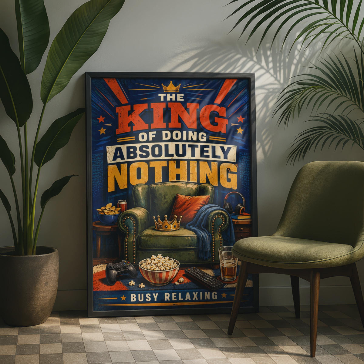 Funny King of Doing Nothing Poster, Retro Comic Man Cave Decor (Printed to Order)