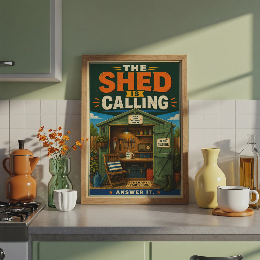 The Shed Is Calling Retro Poster, Man Cave Wall Art, Do Not Disturb Gift (A4)