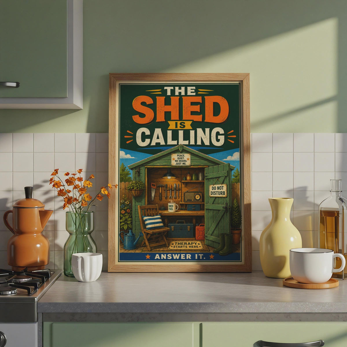The Shed Is Calling Retro Poster, Man Cave Wall Art, Do Not Disturb Gift (A4)