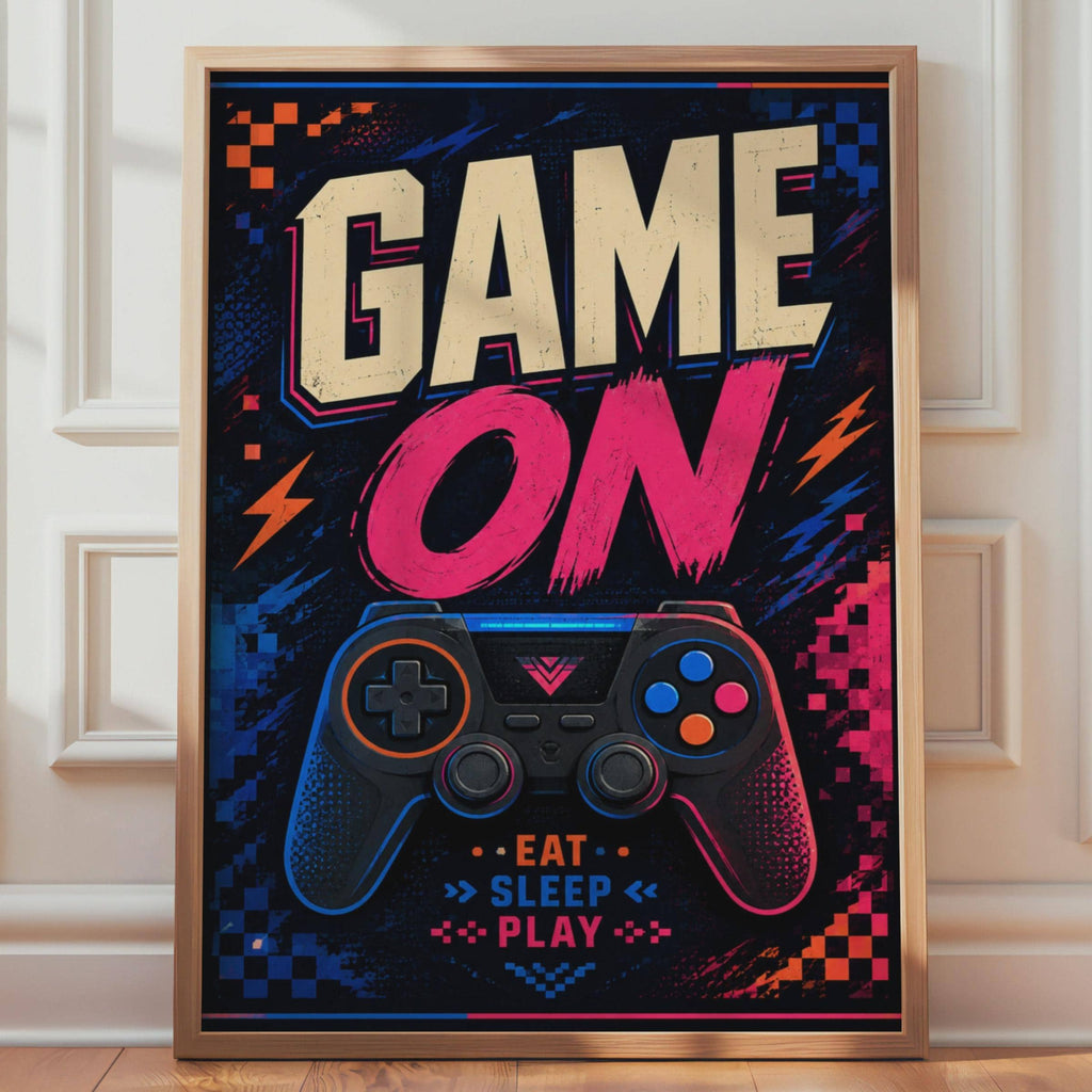 Game On Gaming Poster, Eat Sleep Play Wall Art, Neon Controller Decor (Printed Poster)