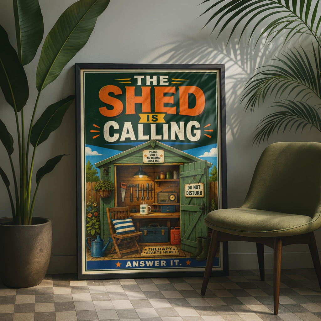The Shed Is Calling Retro Poster, Man Cave Wall Art, Do Not Disturb Gift (A4)