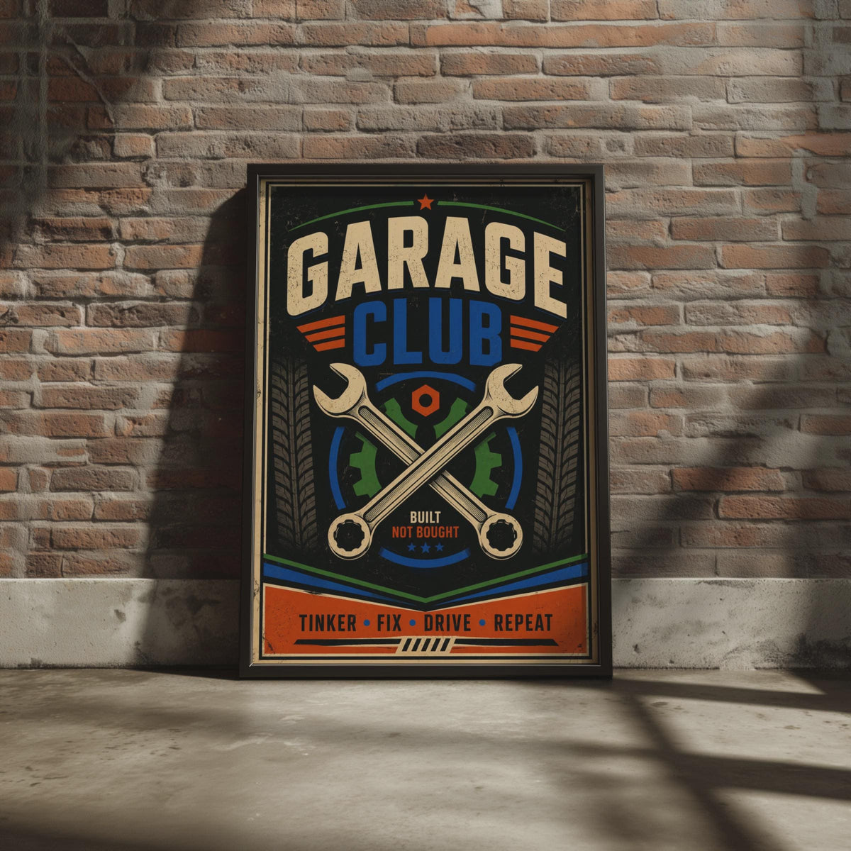Garage Club Poster, Retro Mechanic Wall Art, Built Not Bought Print (A4)