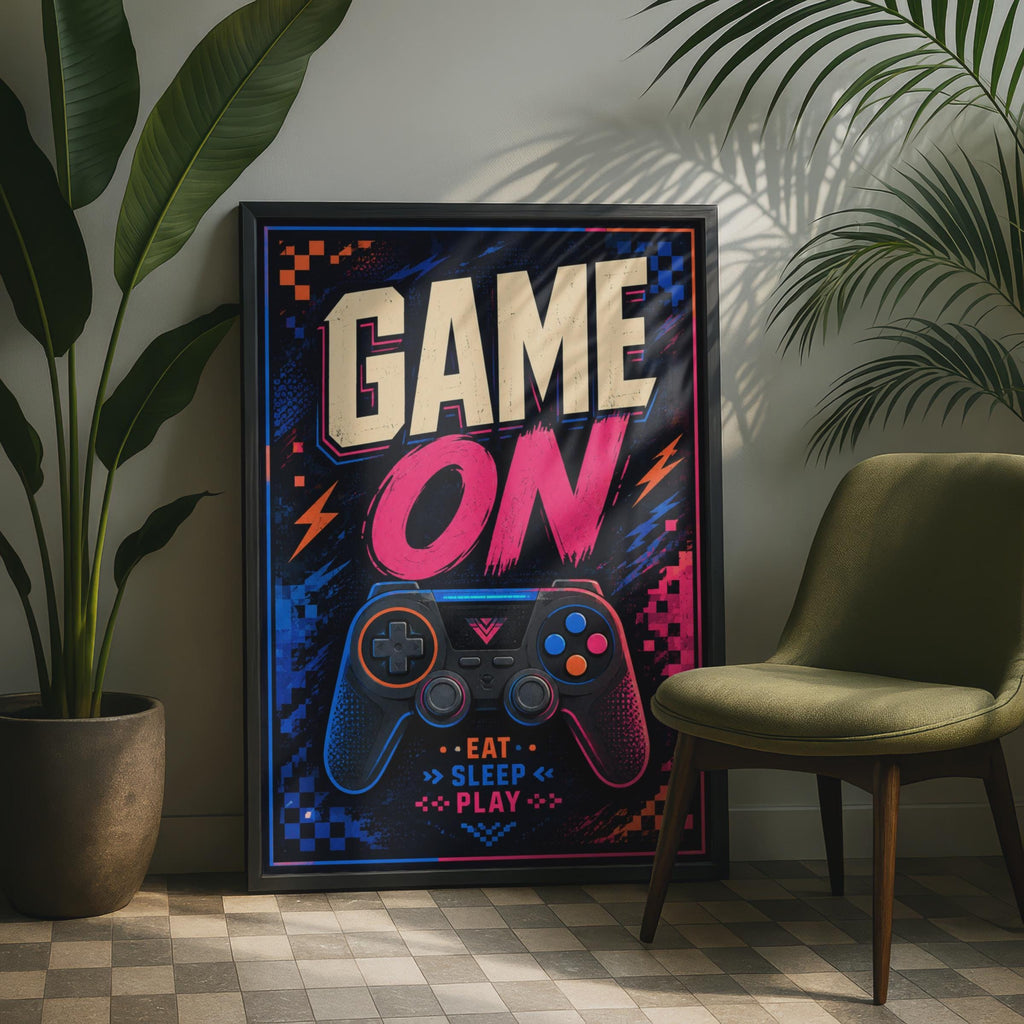 Game On Gaming Poster, Eat Sleep Play Wall Art, Neon Controller Decor (Printed Poster)