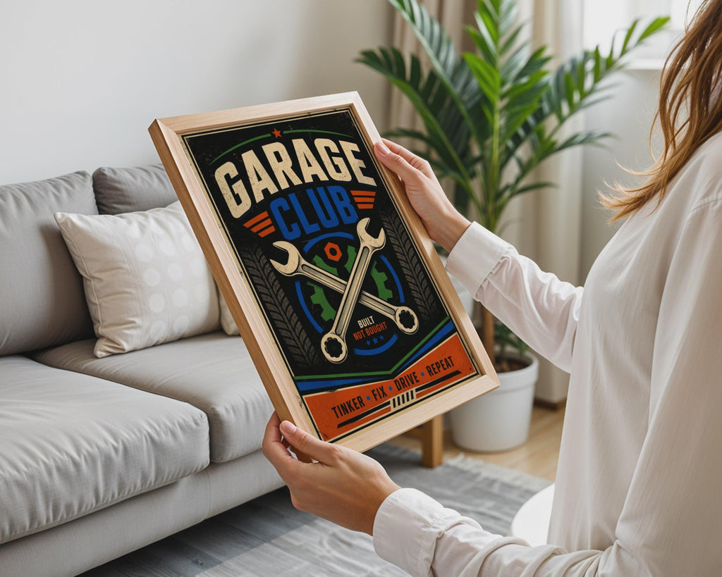 Garage Club Poster, Retro Mechanic Wall Art, Built Not Bought Print (A4)