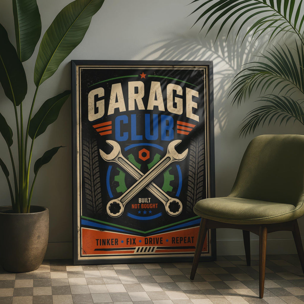 Garage Club Poster, Retro Mechanic Wall Art, Built Not Bought Print (A4)
