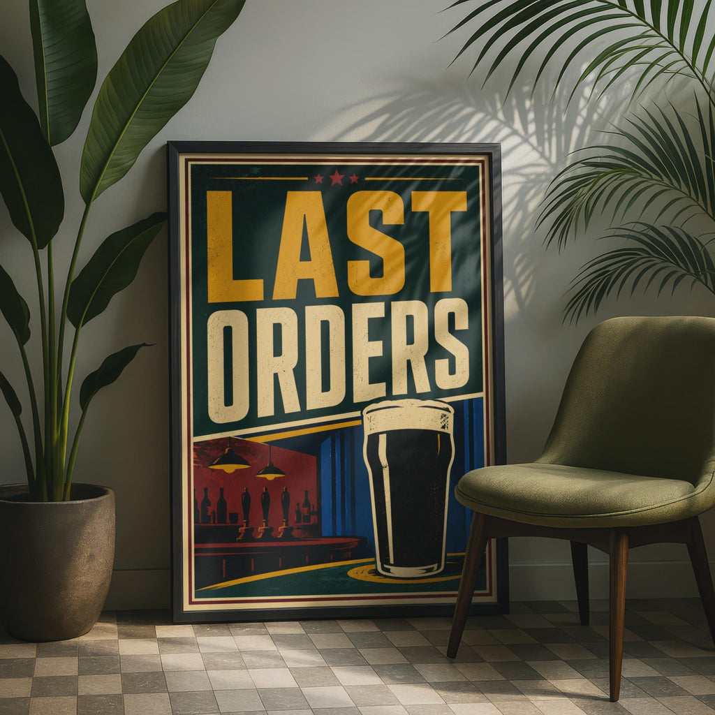 Last Orders Pub Print, Retro British Beer Poster, Pint Glass Bar Decor Print