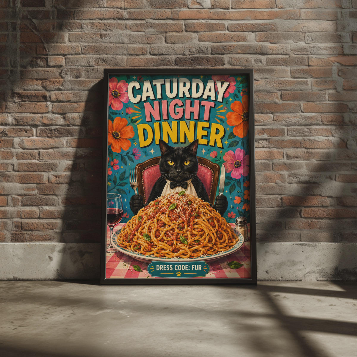 Caturday Night Dinner Black Cat Poster, Retro Floral Spaghetti Art (A4)