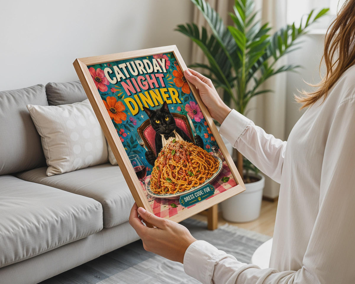 Caturday Night Dinner Black Cat Poster, Retro Floral Spaghetti Art (A4)