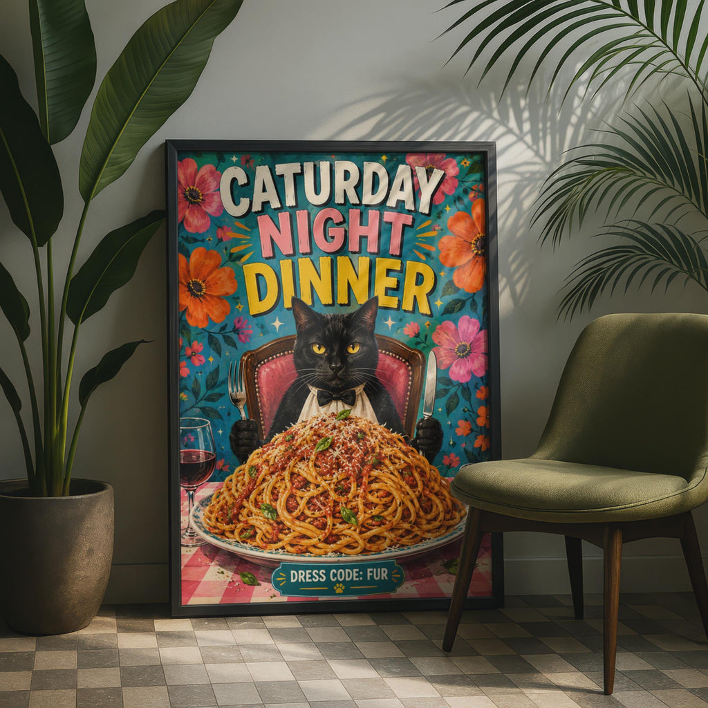 Caturday Night Dinner Black Cat Poster, Retro Floral Spaghetti Art (A4)