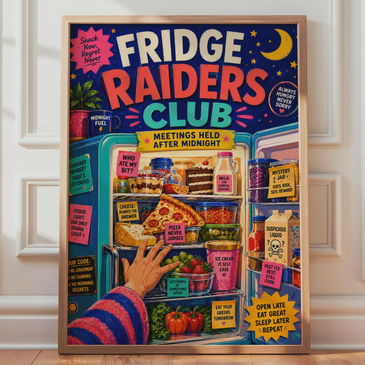 Fridge Raiders Club Poster, Retro Kitchen Wall Art, Midnight Snack Print (Physical)