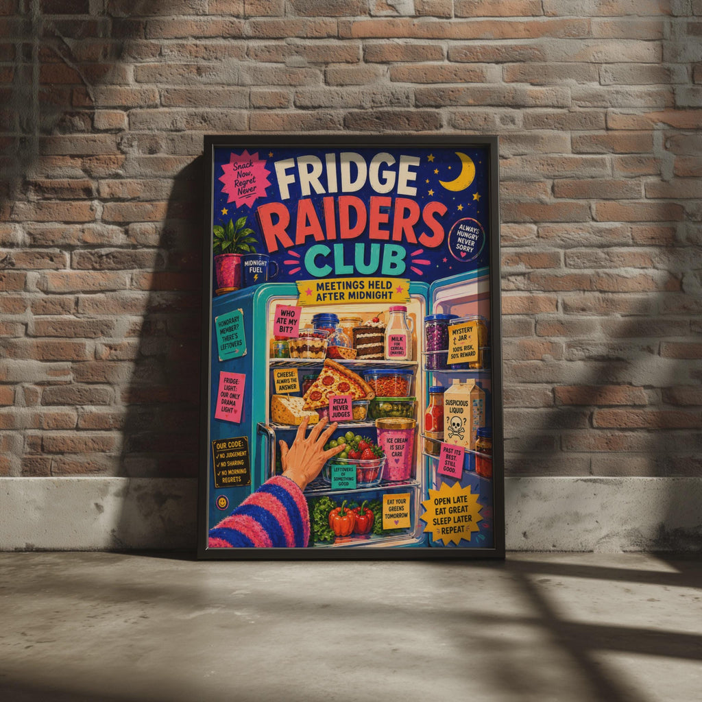 Fridge Raiders Club Poster, Retro Kitchen Wall Art, Midnight Snack Print (Physical)