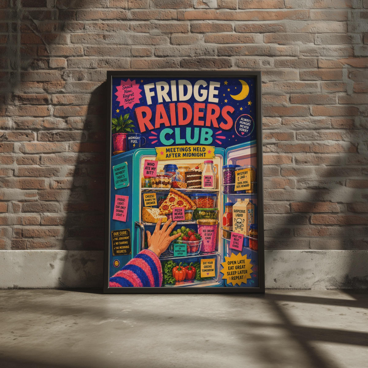 Fridge Raiders Club Poster, Retro Kitchen Wall Art, Midnight Snack Print (Physical)