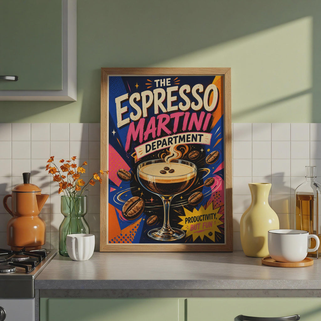 Espresso Martini Department Poster, Retro Pop Art, Bold Colorful Drinks (Printed)