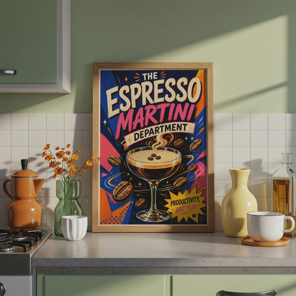 Espresso Martini Department Poster, Retro Pop Art, Bold Colorful Drinks (Printed)