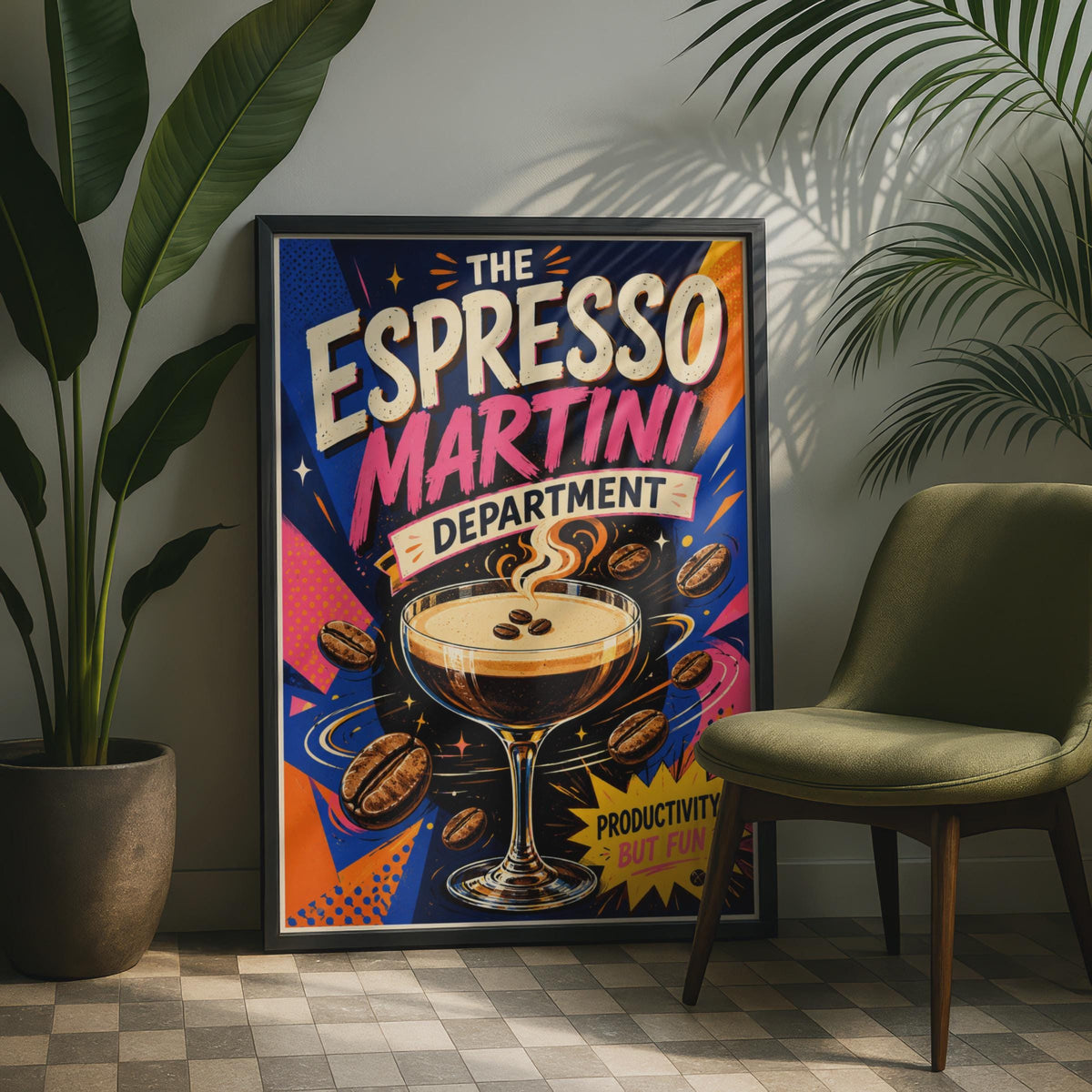 Espresso Martini Department Poster, Retro Pop Art, Bold Colorful Drinks (Printed)
