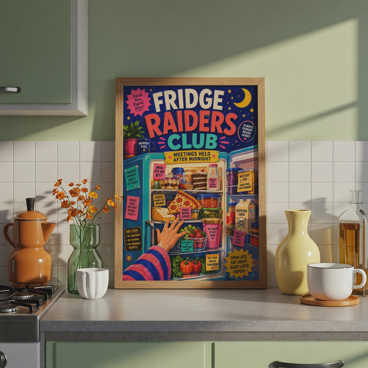 Fridge Raiders Club Poster, Retro Kitchen Wall Art, Midnight Snack Print (Physical)