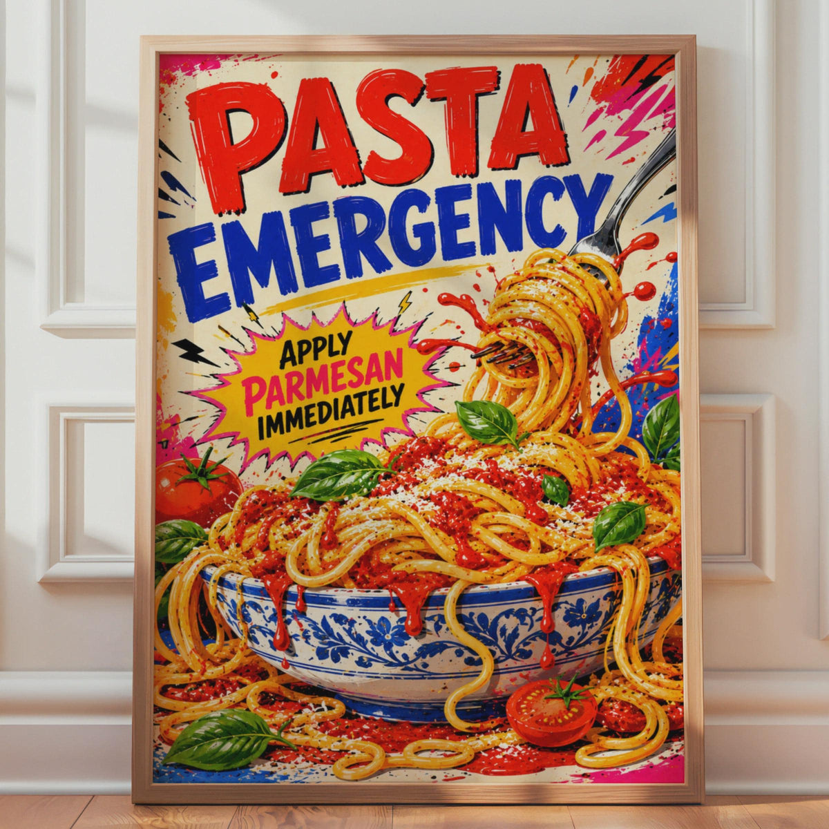 Pasta Emergency Pop Art Poster, Spaghetti Parmesan, Italian Kitchen Decor (Print)