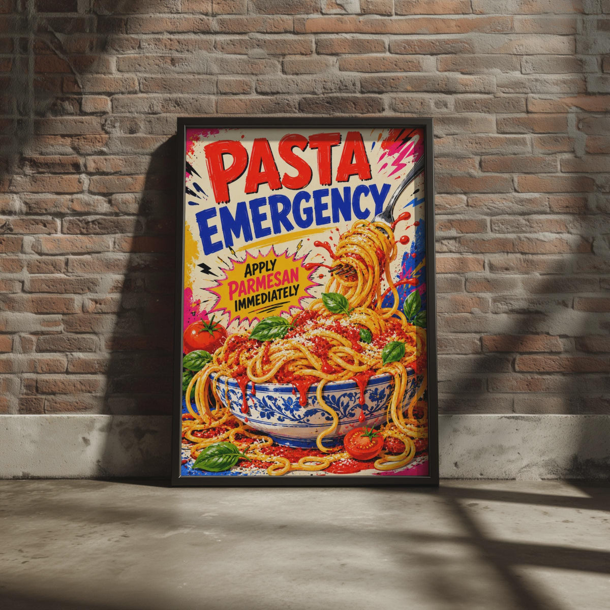 Pasta Emergency Pop Art Poster, Spaghetti Parmesan, Italian Kitchen Decor (Print)
