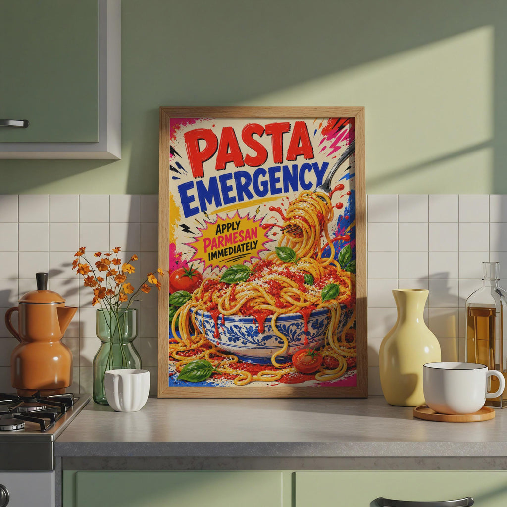 Pasta Emergency Pop Art Poster, Spaghetti Parmesan, Italian Kitchen Decor (Print)