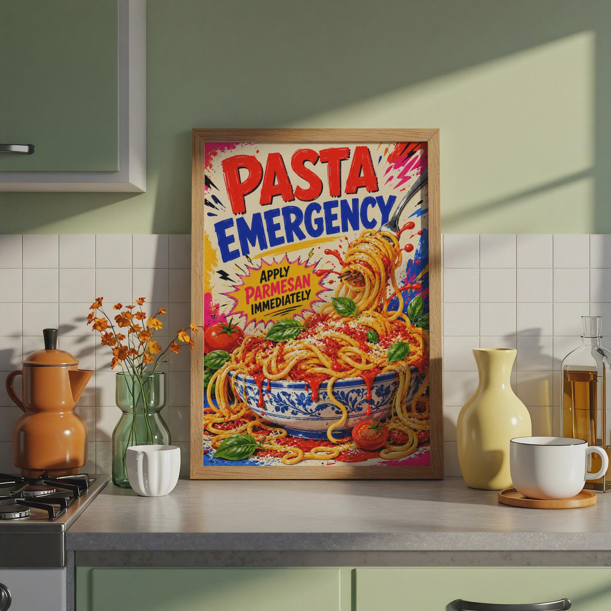 Pasta Emergency Pop Art Poster, Spaghetti Parmesan, Italian Kitchen Decor (Print)