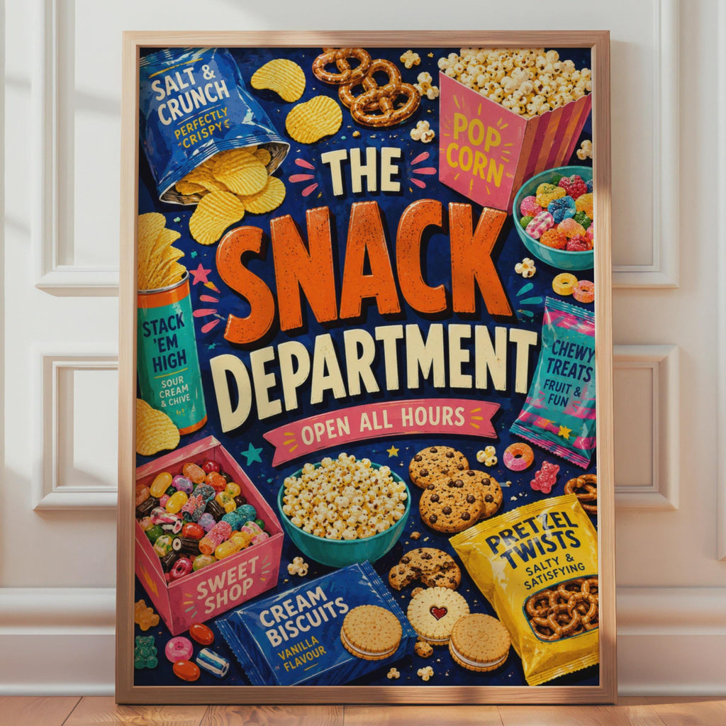 The Snack Department Poster, Retro Food Wall Art, Crisps Sweets Popcorn (Print)