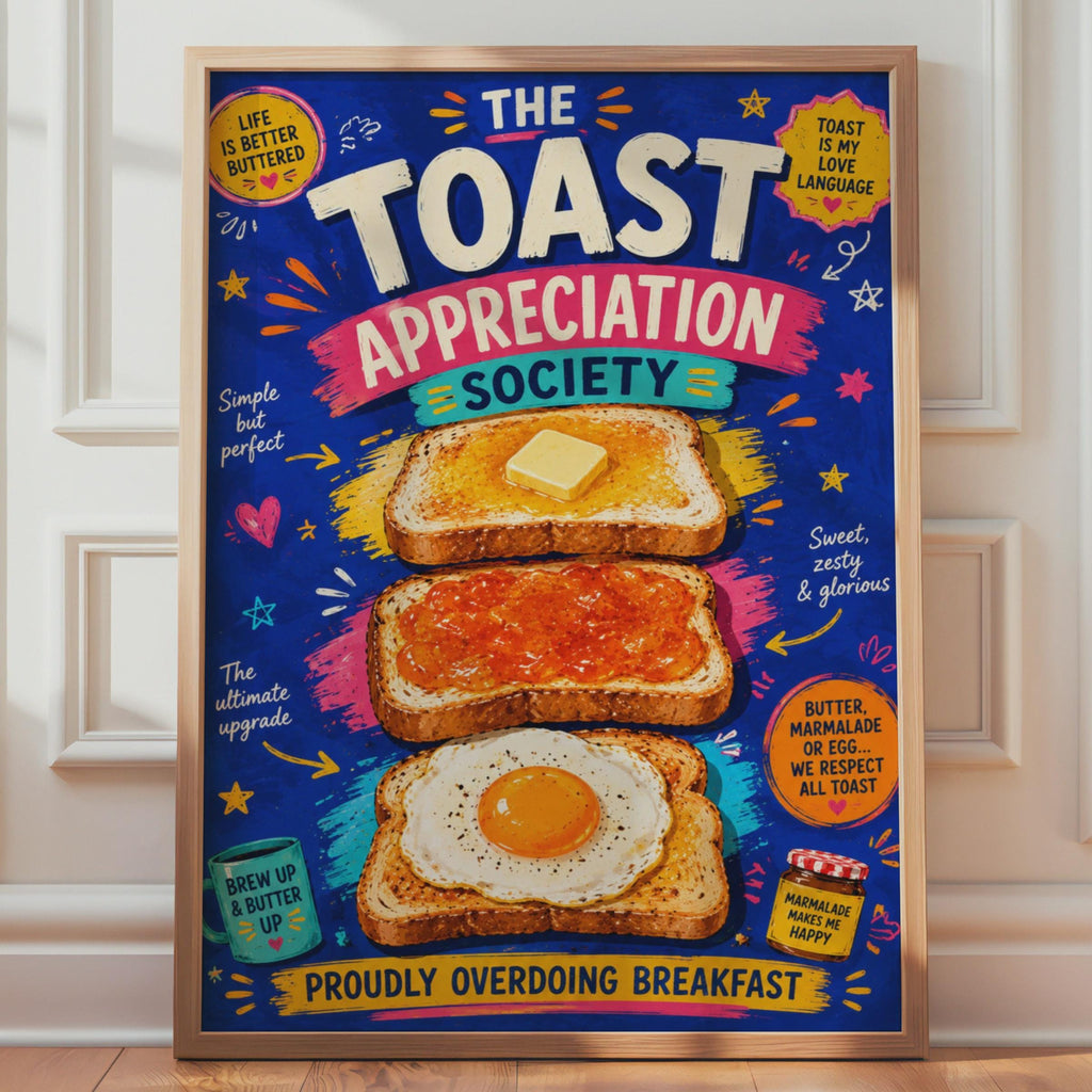 Toast Appreciation Society Poster, Colourful Breakfast Wall Art, Retro Kitchen Decor