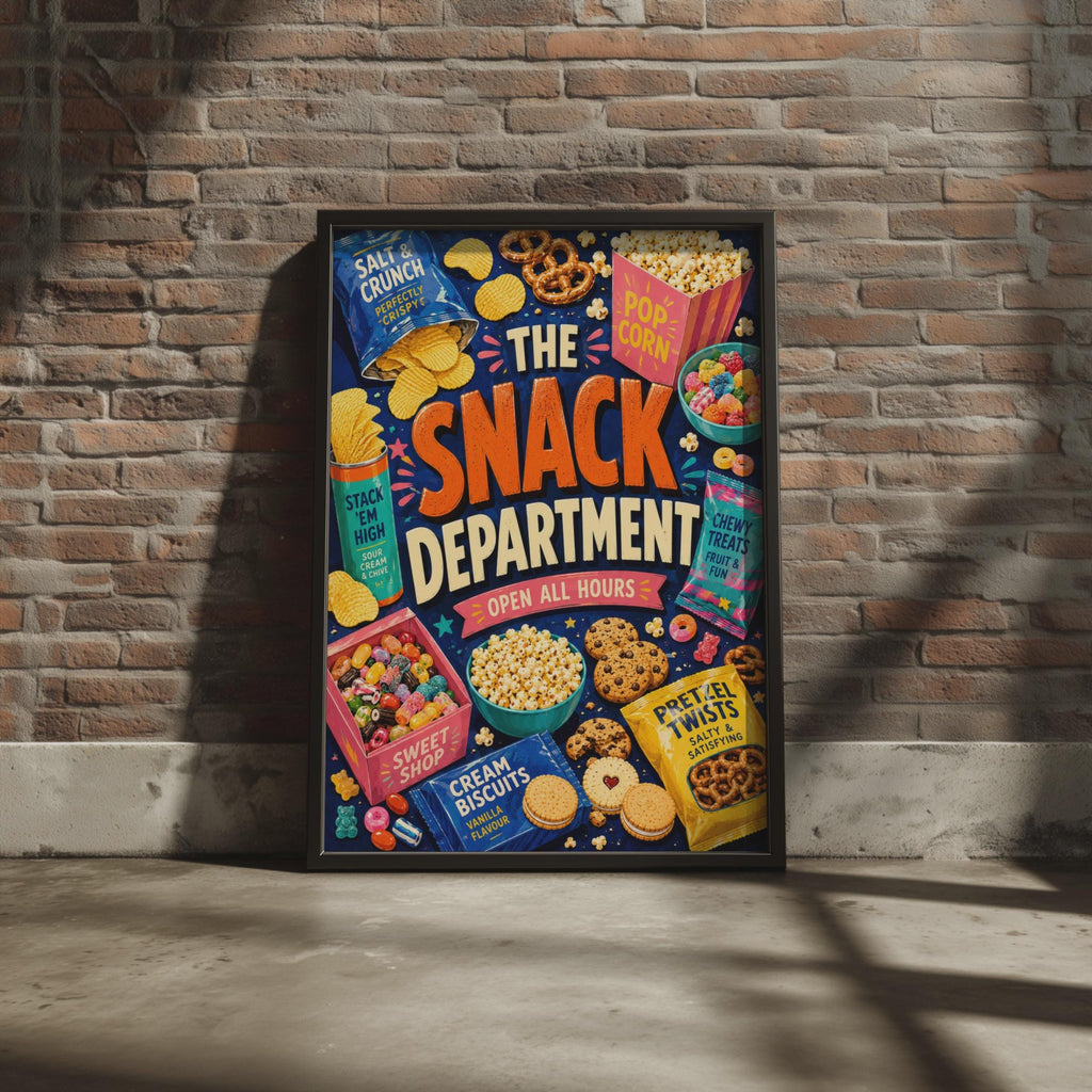 The Snack Department Poster, Retro Food Wall Art, Crisps Sweets Popcorn (Print)