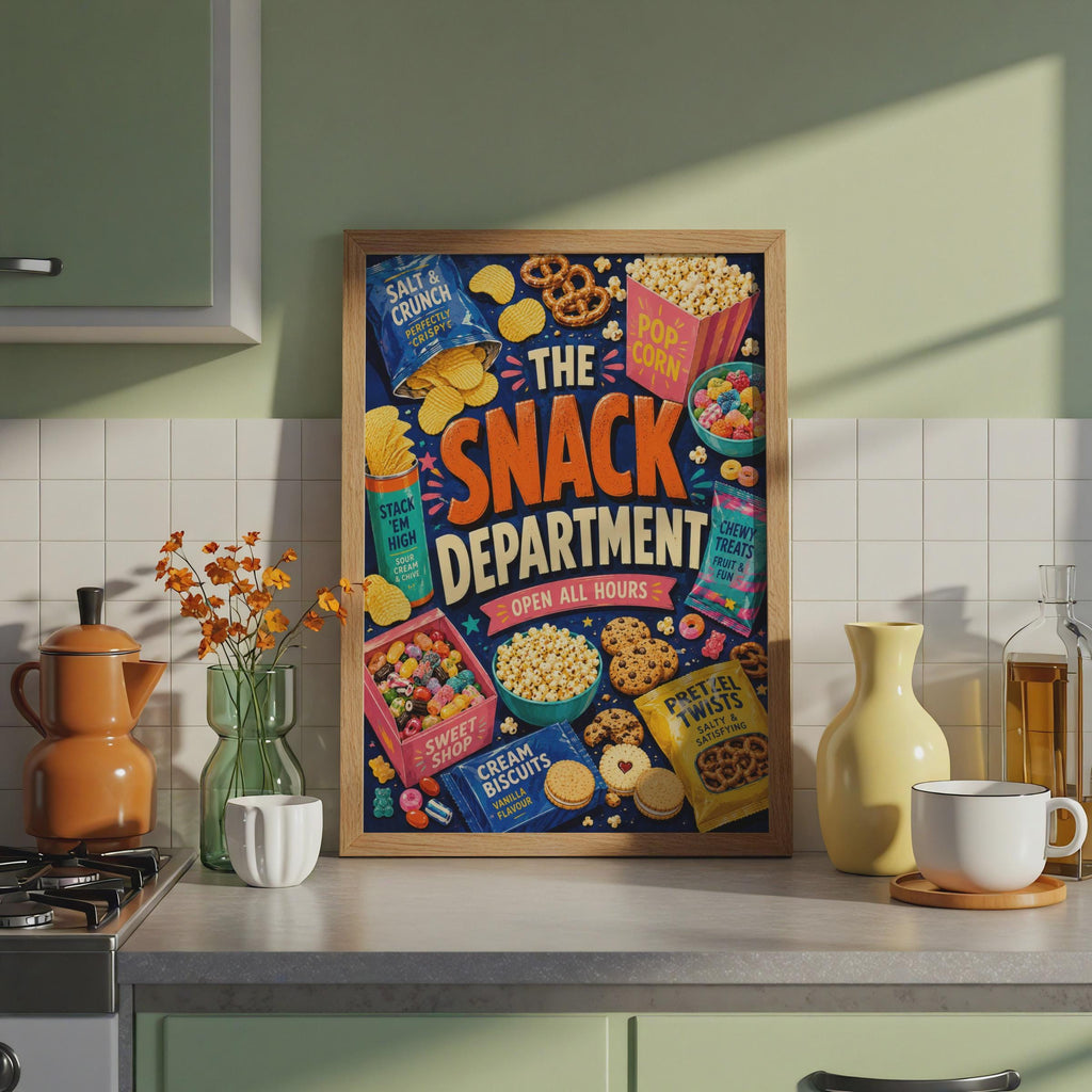 The Snack Department Poster, Retro Food Wall Art, Crisps Sweets Popcorn (Print)