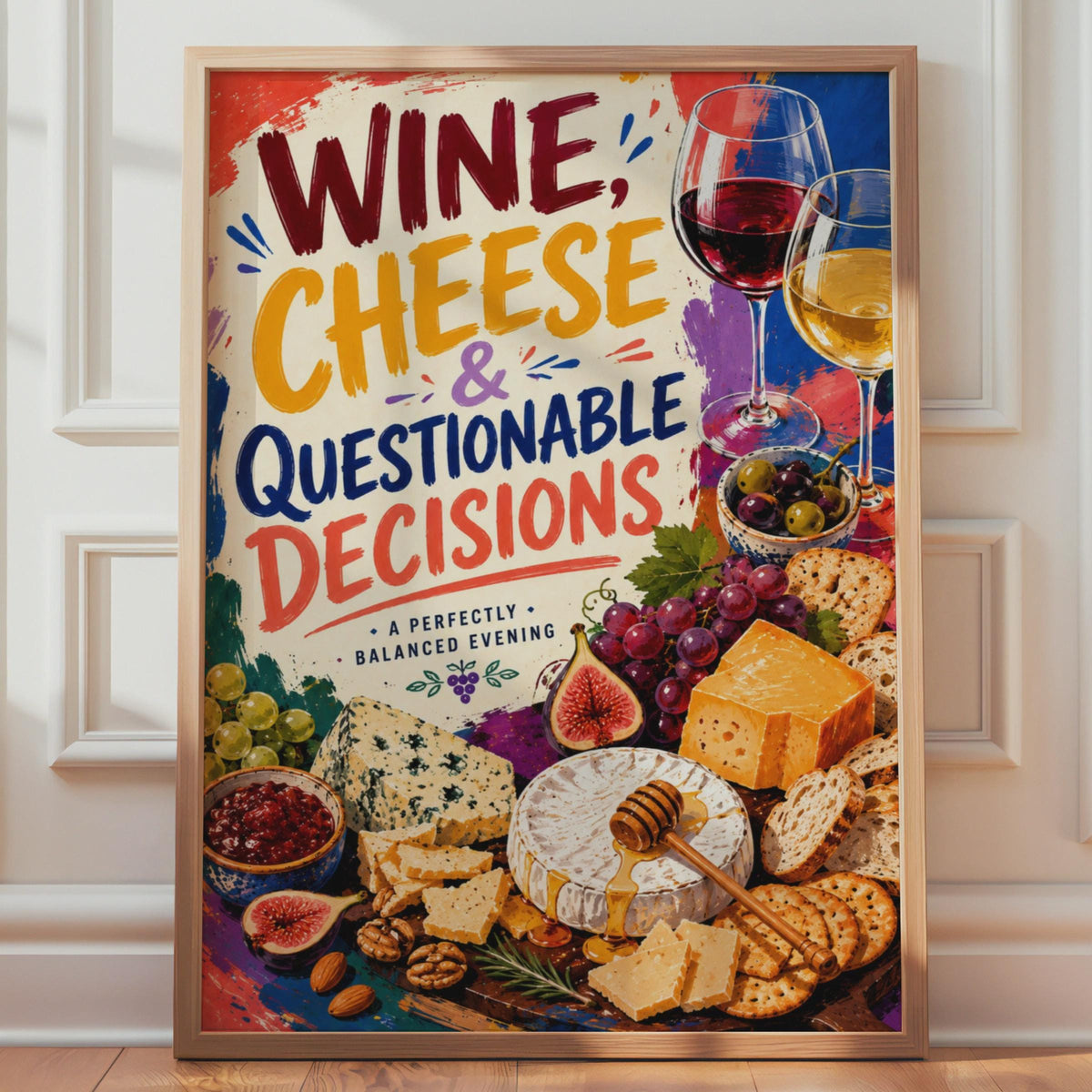 Wine Cheese Questionable Decisions Poster, Colorful Food Lover Wall Art (Print)