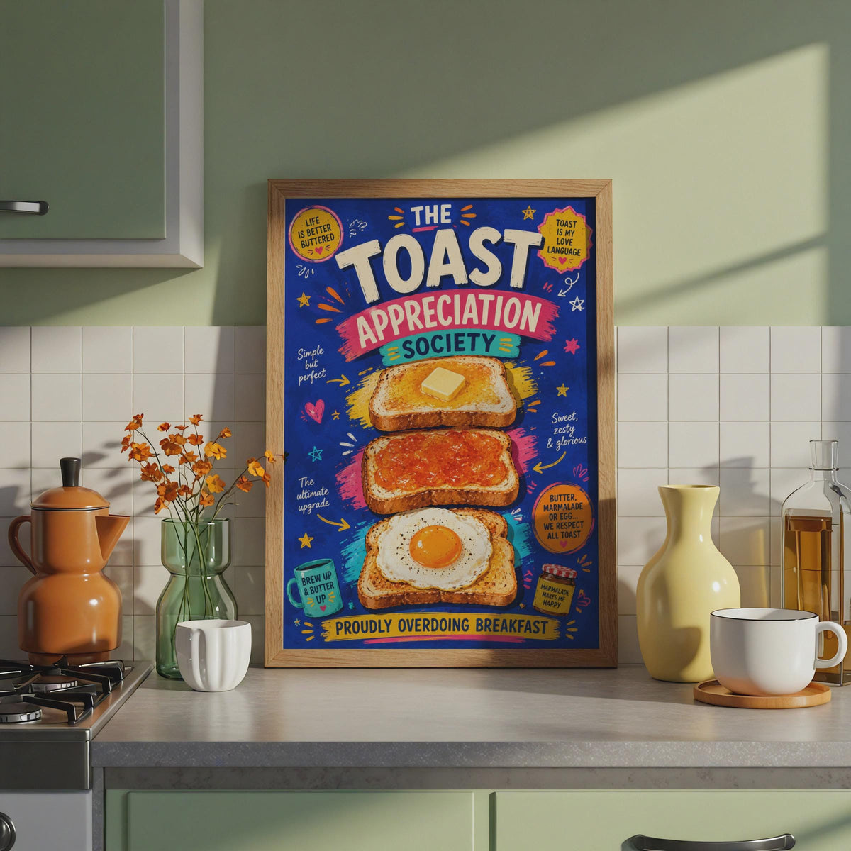 Toast Appreciation Society Poster, Colourful Breakfast Wall Art, Retro Kitchen Decor