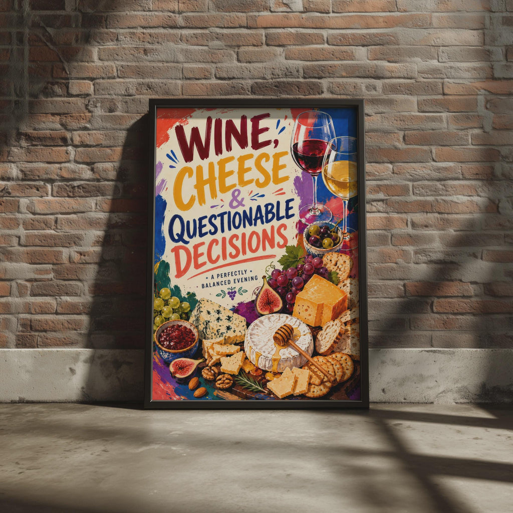 Wine Cheese Questionable Decisions Poster, Colorful Food Lover Wall Art (Print)