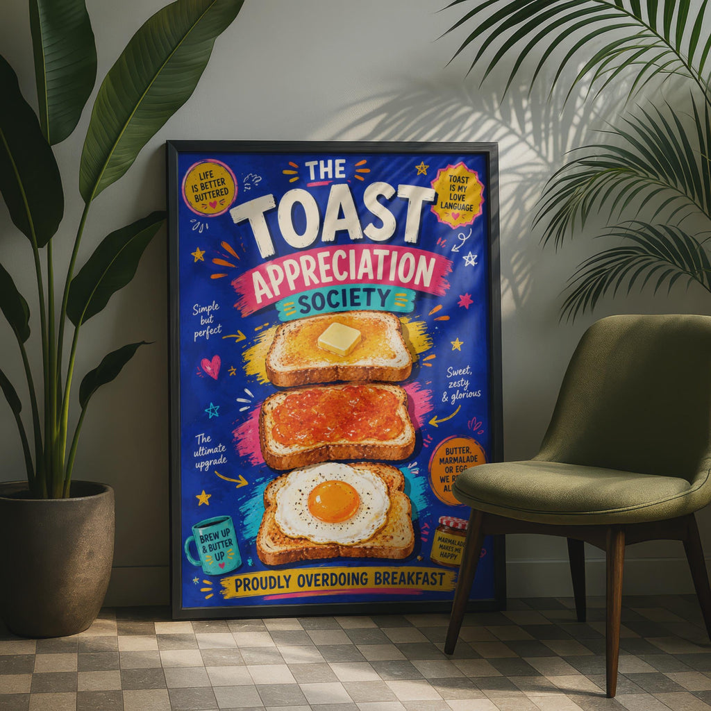 Toast Appreciation Society Poster, Colourful Breakfast Wall Art, Retro Kitchen Decor