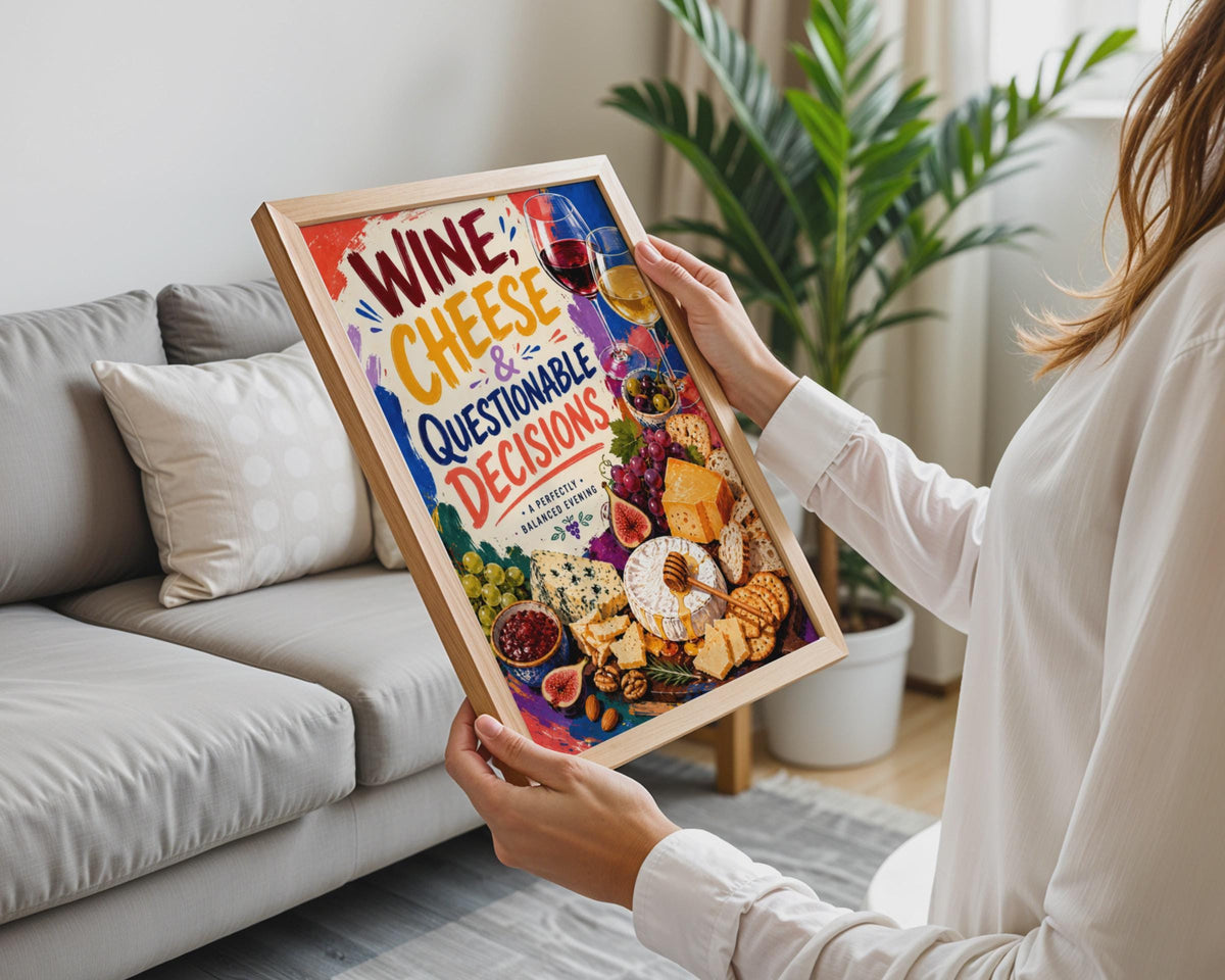 Wine Cheese Questionable Decisions Poster, Colorful Food Lover Wall Art (Print)