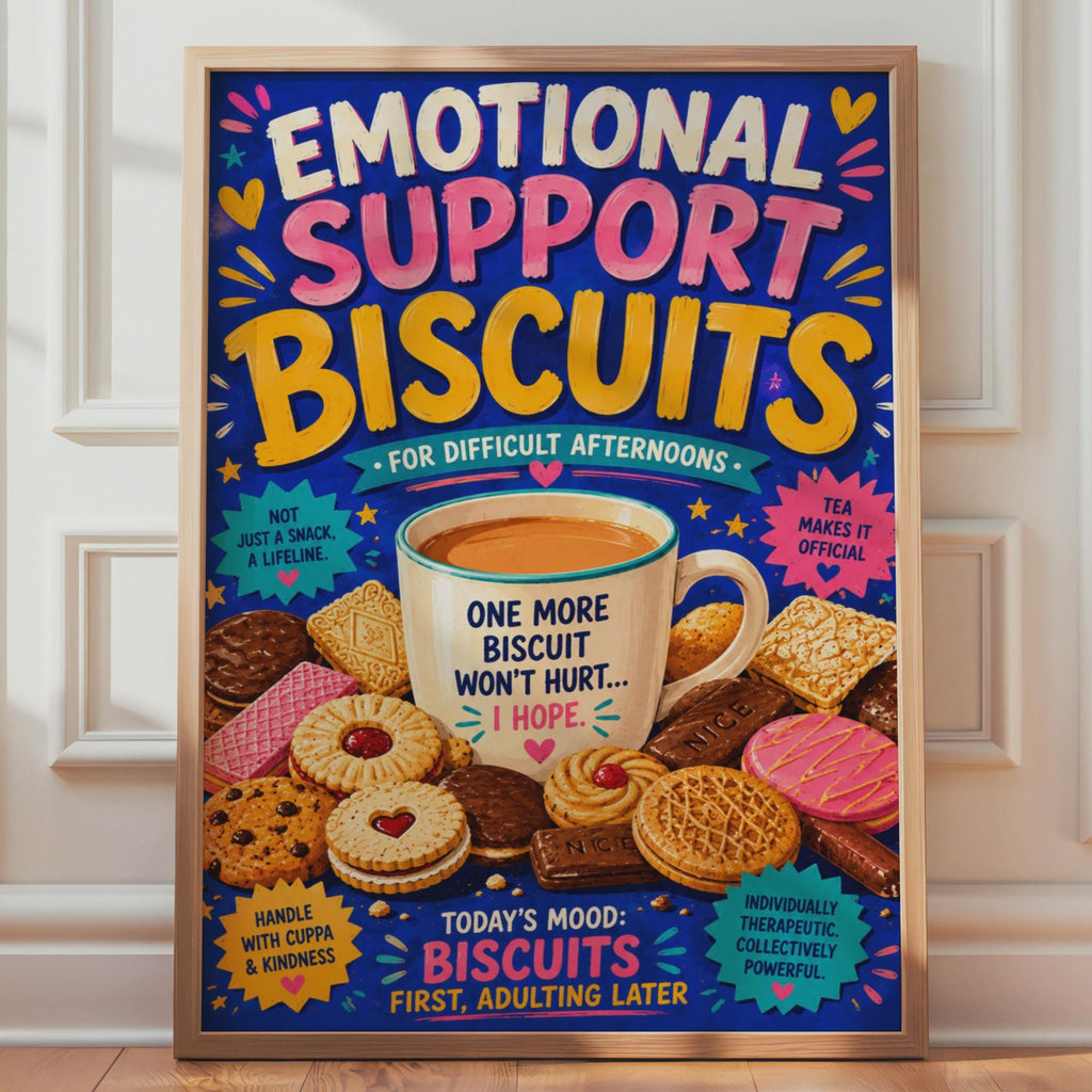 Emotional Support Biscuits Tea Lover Poster, British Humour Kitchen Decor (Bold Colourful Print)