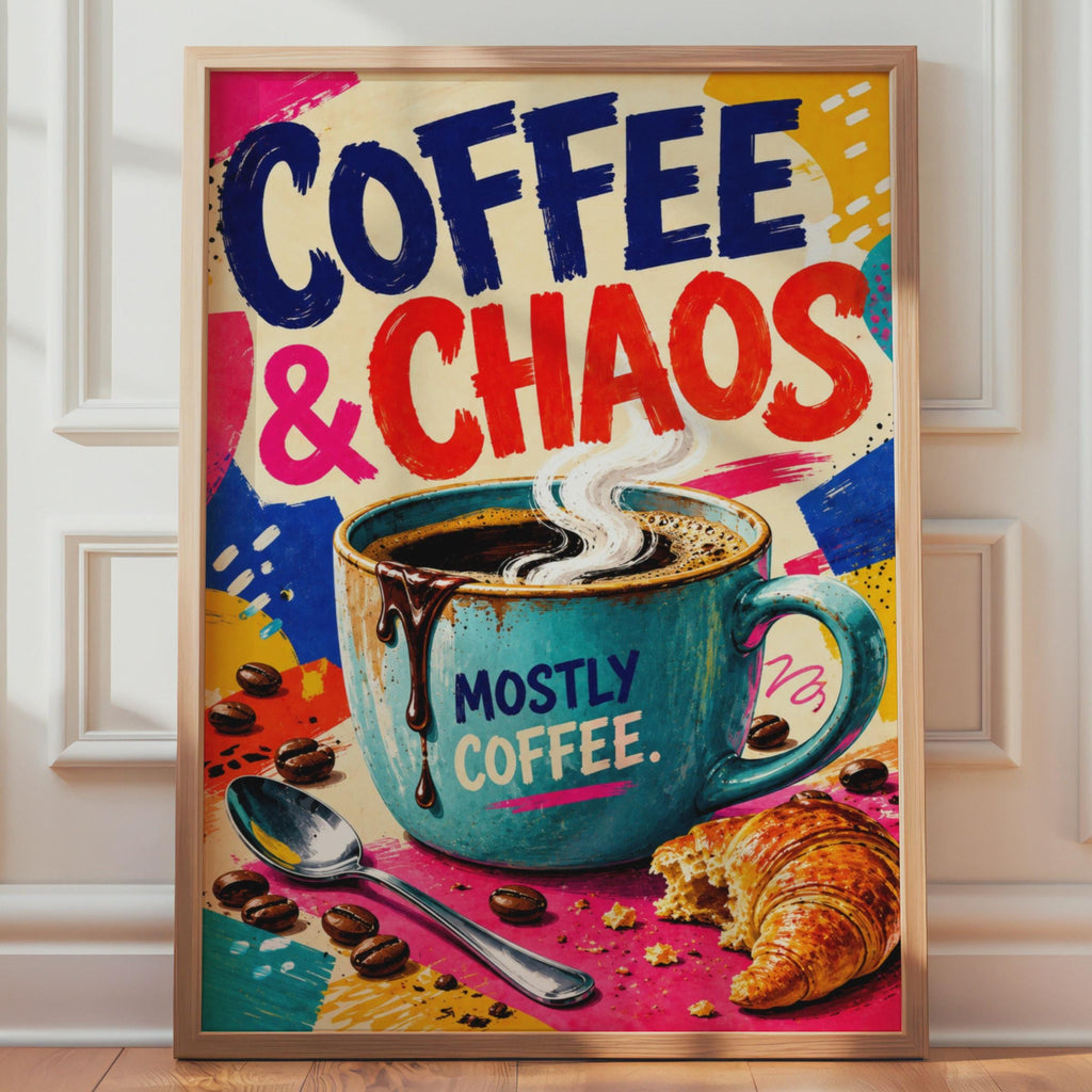 Coffee & Chaos Pop Art Poster, Bold Typography, Bright Kitchen Wall Art (Print)